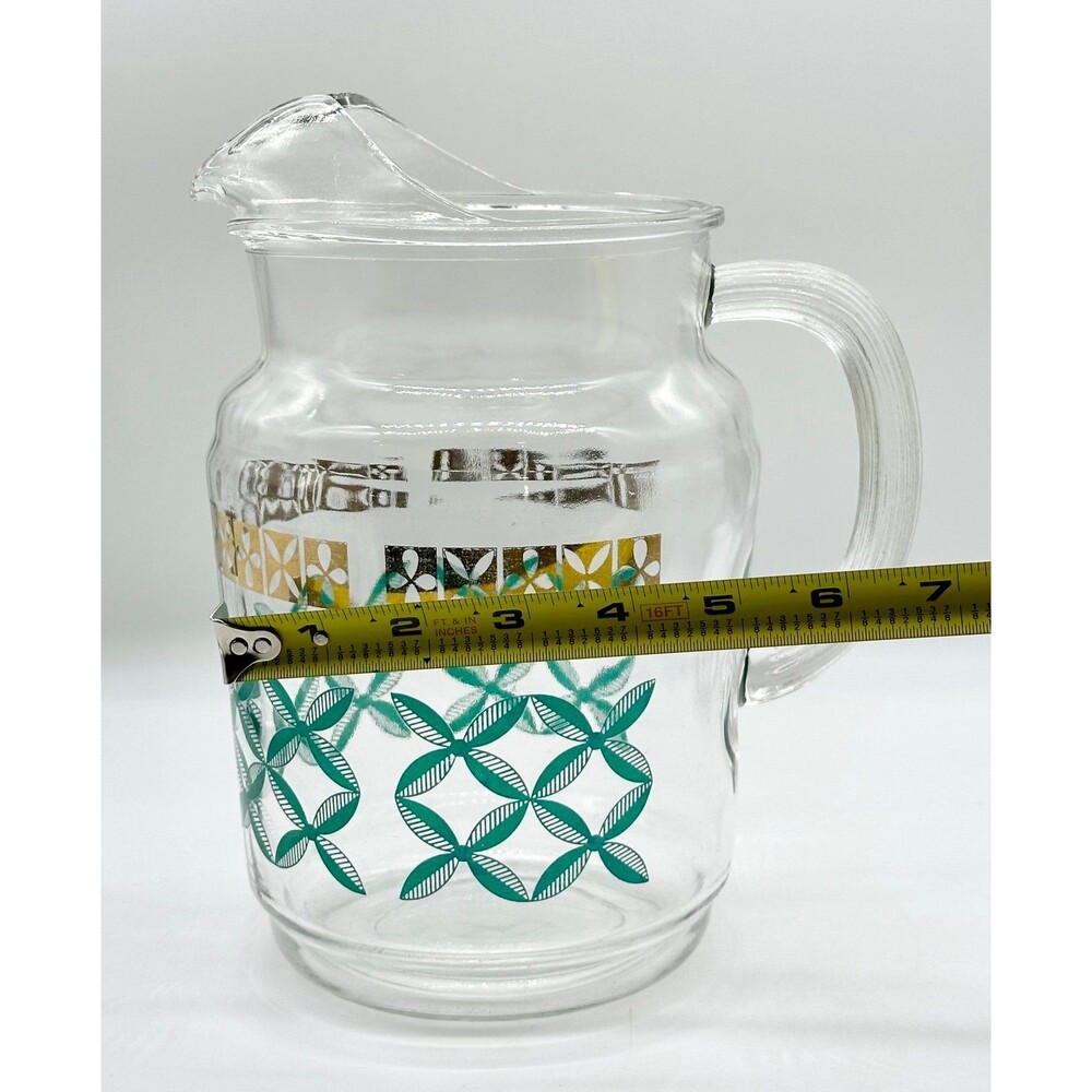 Vintage MCM Federal glass juice carafe jug pitcher gold trim teal green design - Picture 9 of 9
